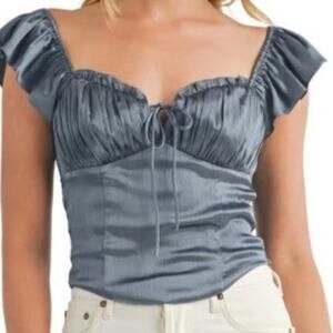 All in Favor Satin Corset Top Steel Blue Flutter Sleeve XL NWT Coquette Festival